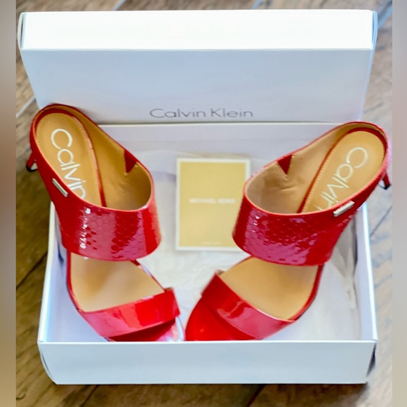 Calvin Klein Shoes - Calvin Klein Red Patent Two-Strap Sandal Heels